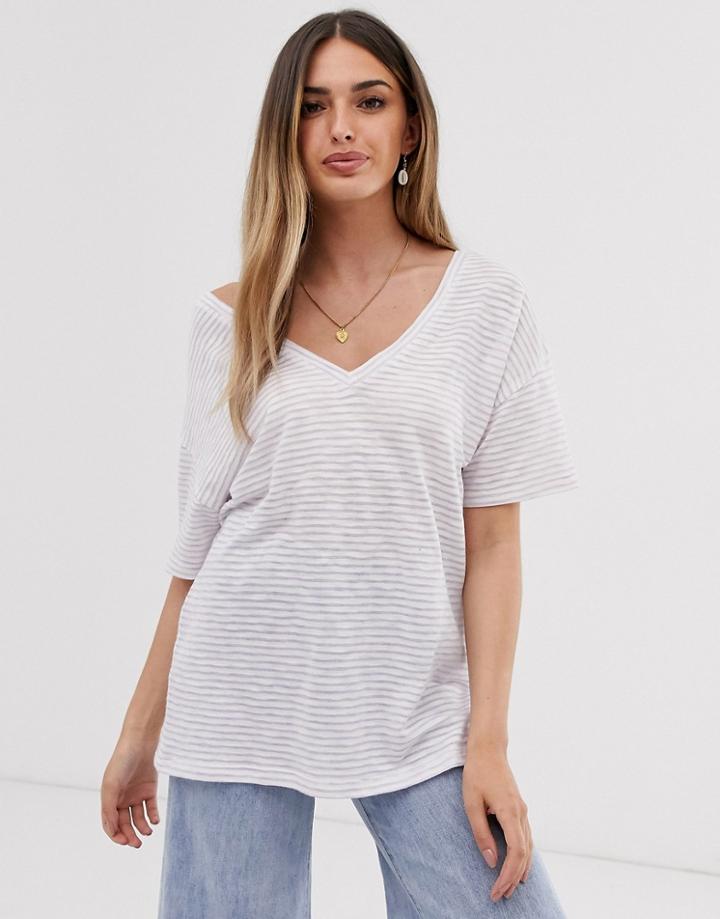 Asos Design T-shirt With Short Sleeve In Textured Stripe With V Front And Back-purple