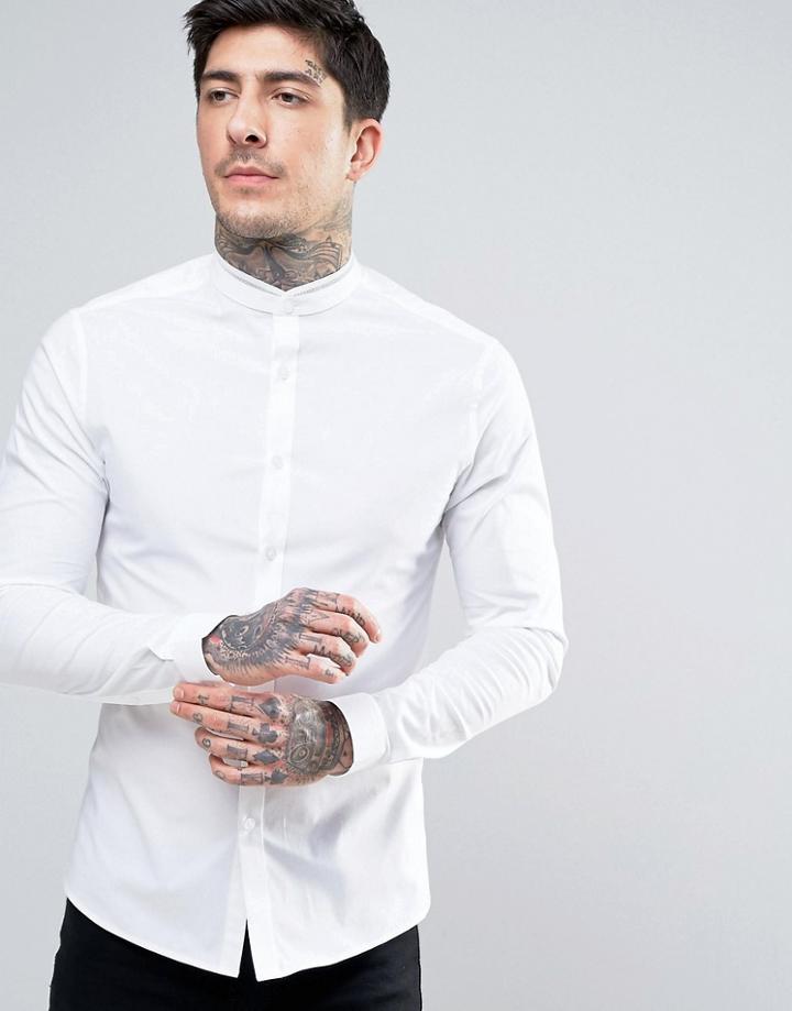Asos Skinny Shirt With Lace Trim Grandad Collar - White