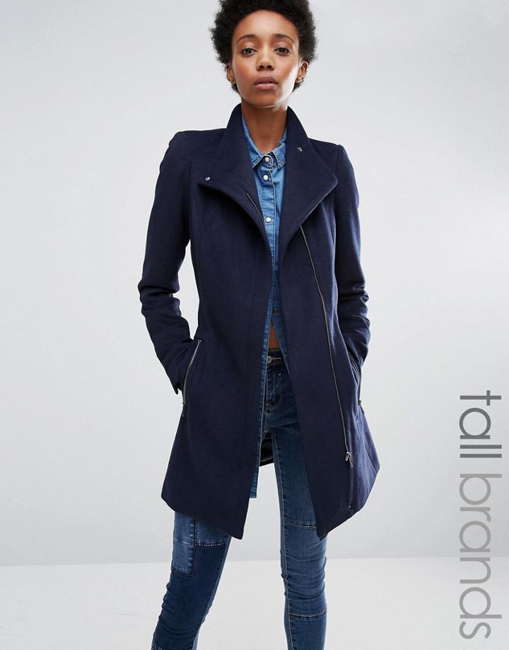 Vero Moda Tall Belted Funnel Neck Wool Coat - Navy