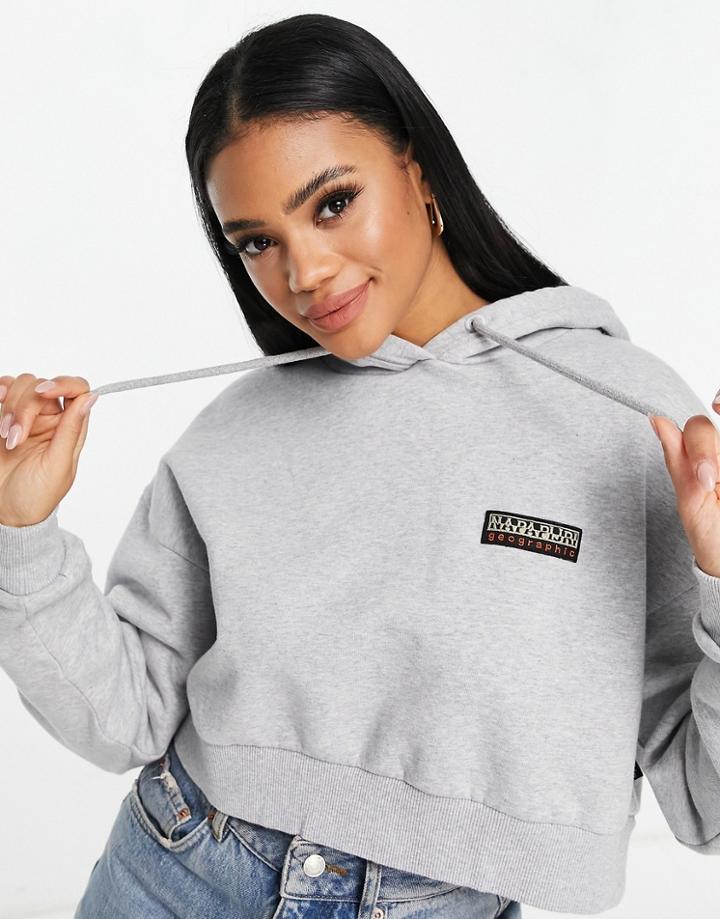 Napapijri Patch Cropped Hoodie In Light Gray