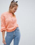 Asos Design Sweater In Fluffly With Lace Stitch - Orange
