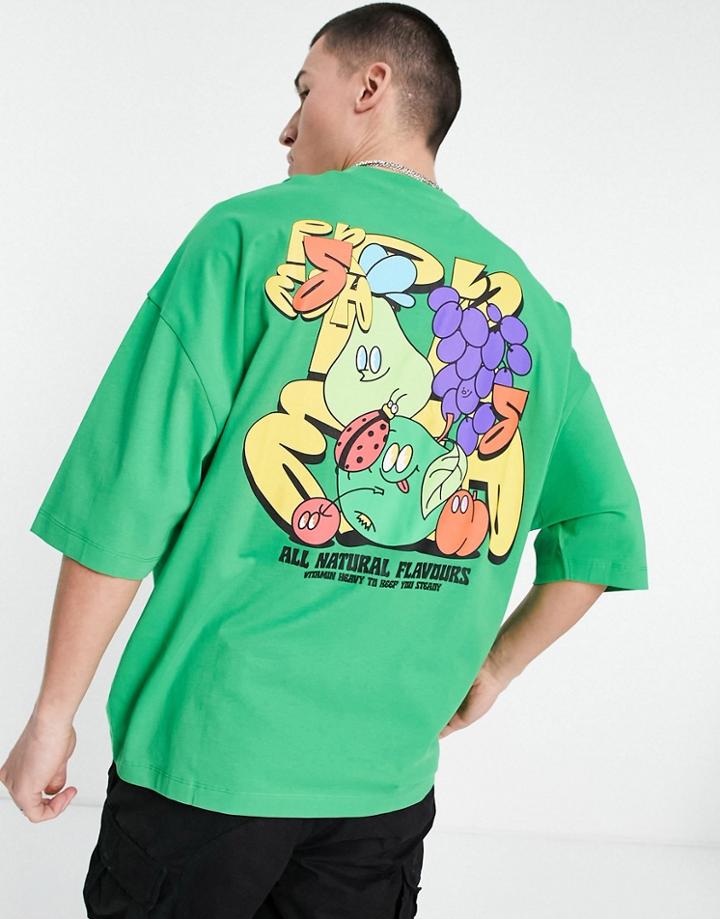 Asos Design Oversized T-shirt In Green With Cartoon Fruit Back Print