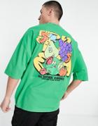 Asos Design Oversized T-shirt In Green With Cartoon Fruit Back Print