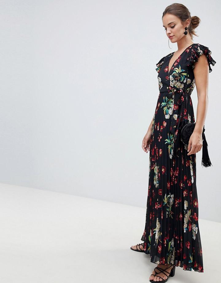 Asos Design Pleated Maxi Dress With Flutter Sleeve In Vintage Floral Print - Multi