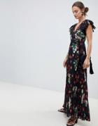 Asos Design Pleated Maxi Dress With Flutter Sleeve In Vintage Floral Print - Multi