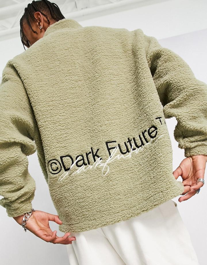 Asos Dark Future Oversized Zip Through Funnel Neck Jacket In Neutral Teddy Borg With Embroidered Logo