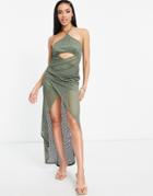 Asos Design Textured Halter Cut Out Wrap Maxi Dress In Olive-green