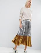 Asos Pleated Midi Skirt In Metallic With Contrast Hem - Silver