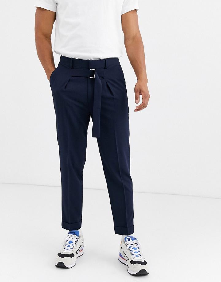 Asos Design Tapered Smart Pants With Tie Belt In Navy