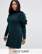 Asos Curve Sweater Dress With Ruffle Shoulder - Green