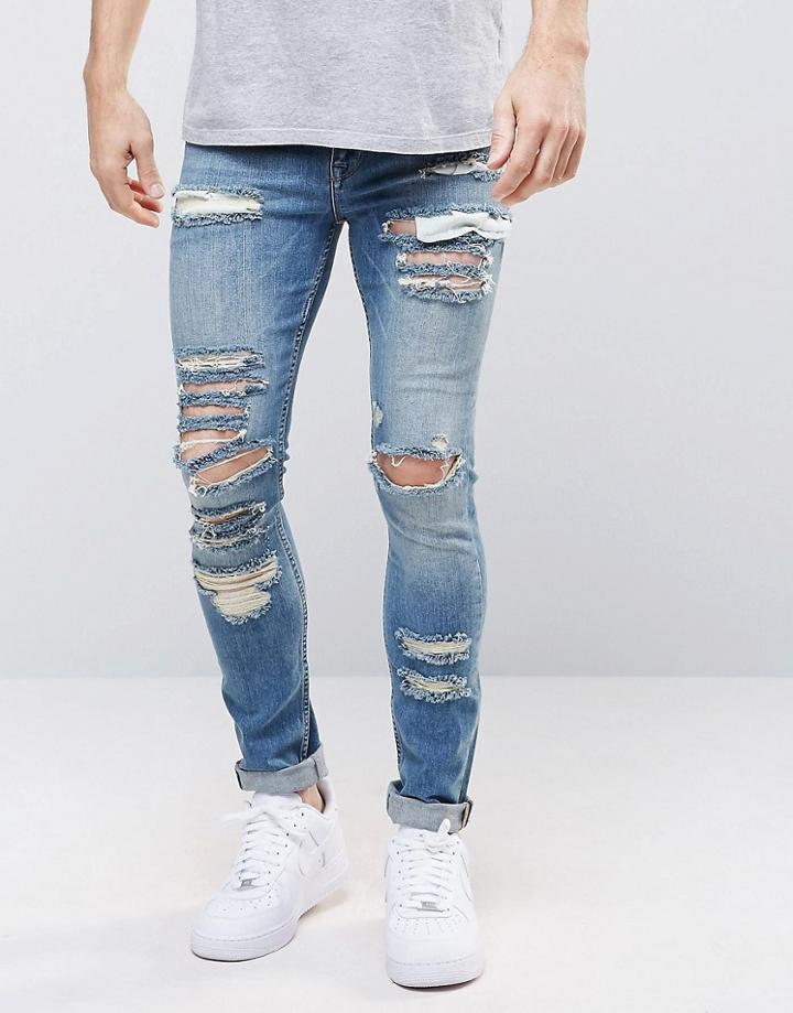 Asos Super Skinny Jeans In 12.5oz With Mega Rips In Light Blue - Blue