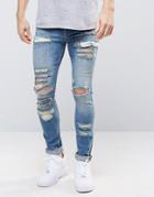 Asos Super Skinny Jeans In 12.5oz With Mega Rips In Light Blue - Blue
