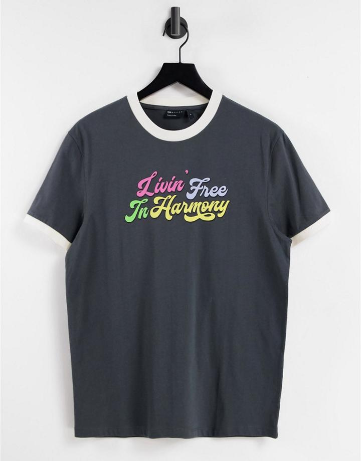 Asos Design Ringer T-shirt In Gray With Retro Text Print-grey