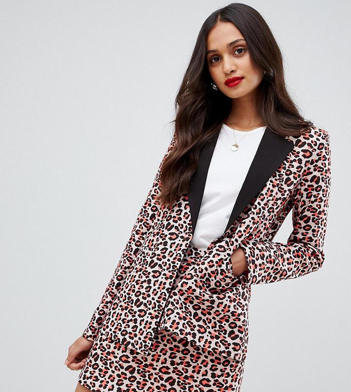 Unique21 Blazer With Contrast Lapel In Orange Leopard Two-piece