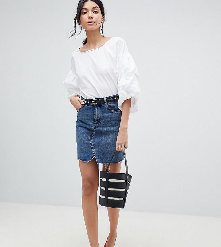 Asos Design Tall Denim Pelmet Skirt In Midwash Blue - Blue