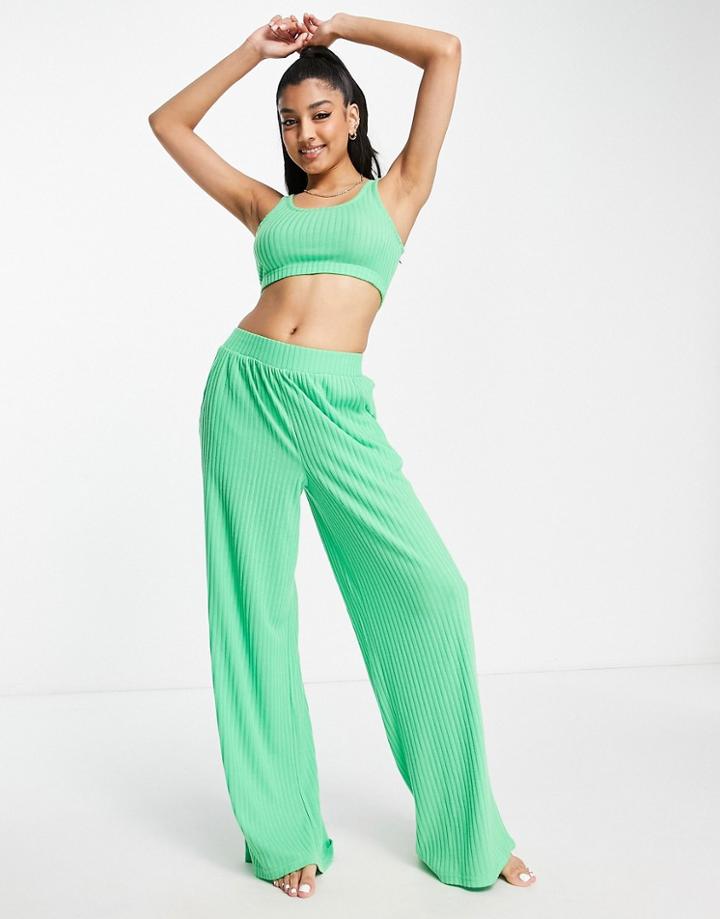 Brave Soul Nancy Square Neck Crop And Wide Leg Lounge Set In Bright Green