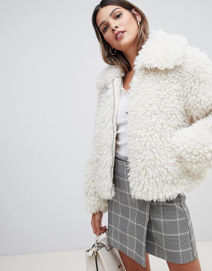 Urbancode Zip Through Bomber Jacket In Super Borg - Cream