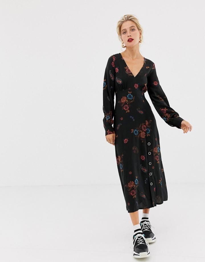 Stradivarius Midi Dress With Dark Floral Print - Multi