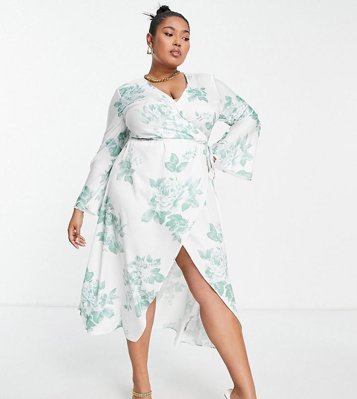 Asos Design Curve Exclusive Bias Cut Satin Wrap Dress With Tie Waist In White And Green Floral