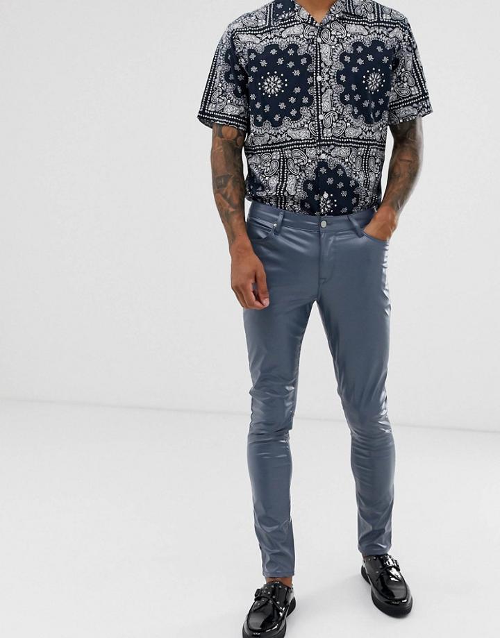 Asos Design Super Skinny Coated Leather Look Jeans In Gunmetal Blue - Blue