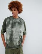Asos Design Oversized T-shirt With Half Sleeve In Tie Dye Wash In Khaki - Green