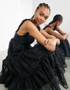 Asos Edition Tiered Organza Eyelet Mini Dress With Ruffle Strap In Black