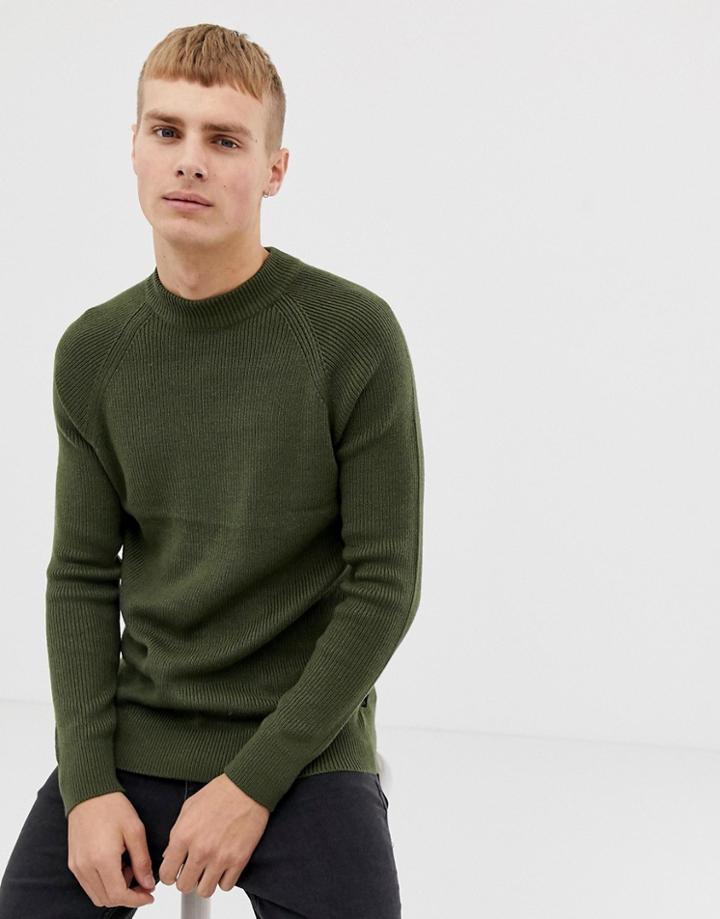 Burton Menswear High Neck Fisherman Sweater In Khaki-green