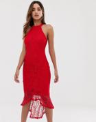 Ax Paris Halterneck All Over Lace Midi Dress With Hi Lo Hem - Red