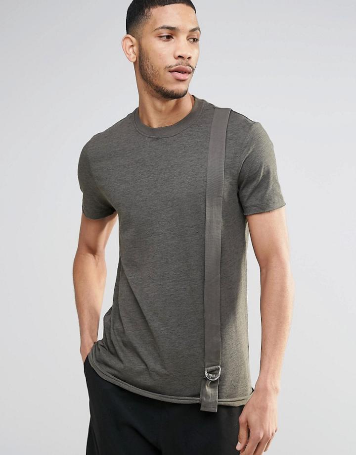 Asos Longline T-shirt With Military Taping In Khaki - Green