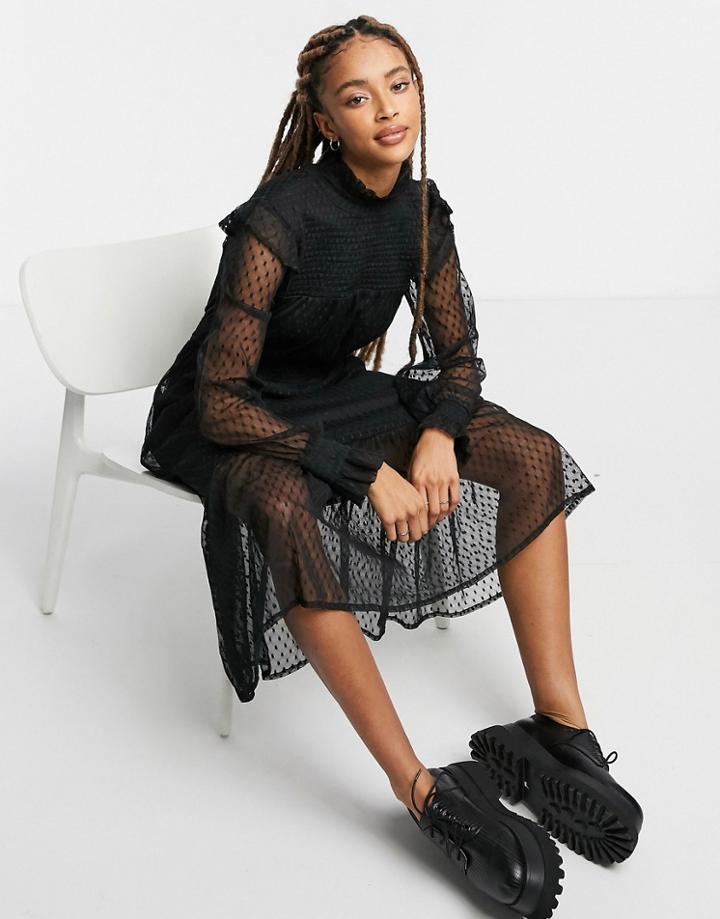 Violet Romance Midaxi Mesh Polka Dot Dress With Long Sleeves-black