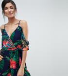 Parisian Tall Cold Shoulder Tropical Print Romper - Navy