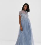 Maya Maternity Cap Sleeve Floral Embellished Maxi Dress In Ice Blue - Blue