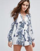 Love & Other Things Paisley Print Tie Front Romper - Blue