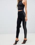 Asos Design High Waisted Pull On Jeggings In Clean Black With Stud Side Detail - Black