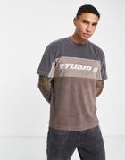 Asos Design Relaxed T-shirt In Gray Towelling Color Block With Varsity Print