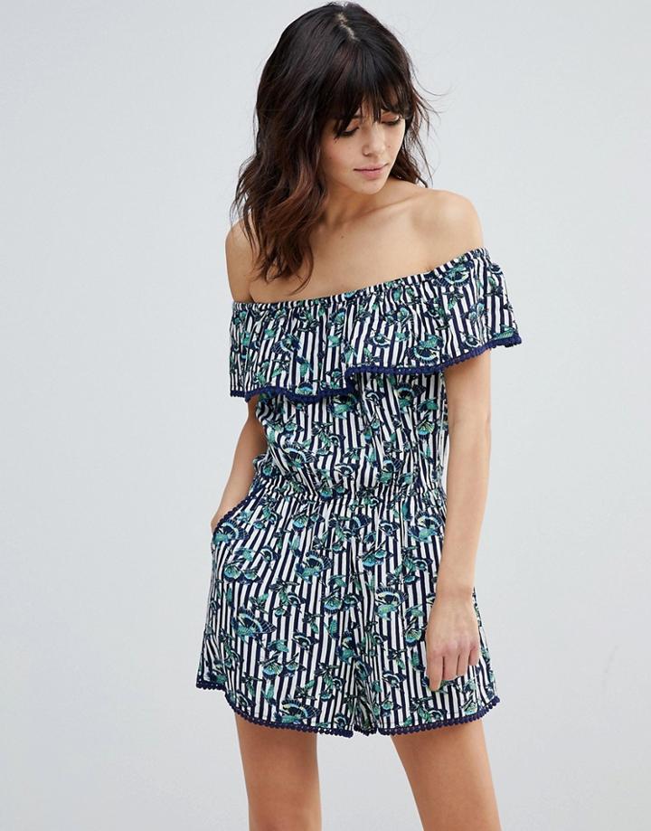 Oasis Butterfly Stripe Bardot Beach Romper - Multi