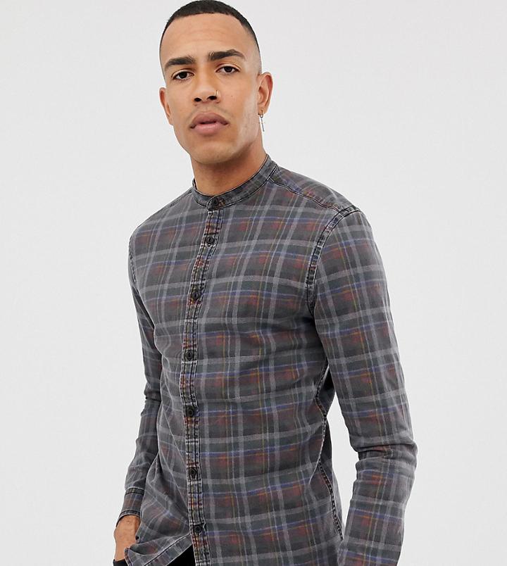Asos Design Tall Skinny Fit Denim Check Shirt-gray