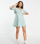 Asos Design Petite Tea Dress With Horn Buttons In Sage-green
