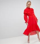 Yas Tall Gaho Tiered Ruffle Maxi Dress With Pussybow Collar - Red