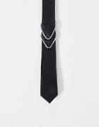 Asos Design Skinny Black Tie With Silver Chain Detail