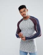Asos Longline Muscle Long Sleeve T-shirt With Split Raglan Sleeves In Knitted Jersey - Gray