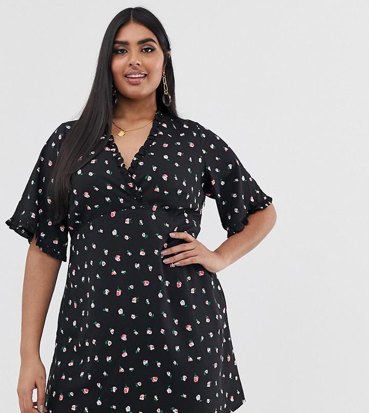 Fashion Union Plus Tea Dress In Floral - Black