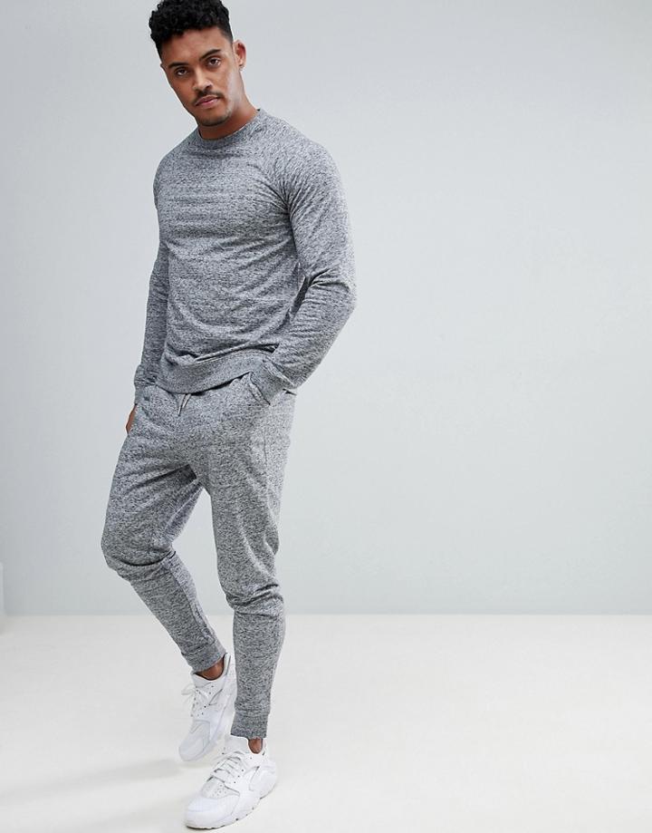 Asos Design Tracksuit Sweatshirt/ Tapered Joggers In Gray And Navy Interest Fabric - Navy