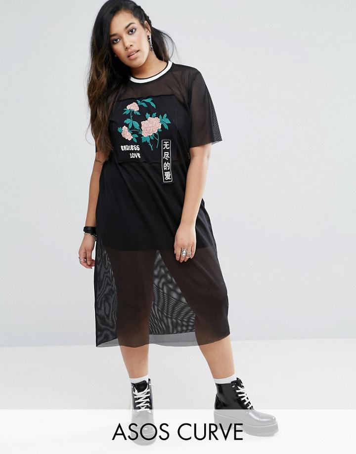 Asos Curve Mesh T-shirt Dress With Tokyo Floral Print - Multi