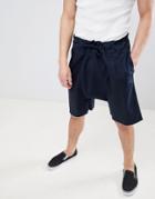 Asos Design Drop Crotch Shorts In Navy With Tie Waist - Navy
