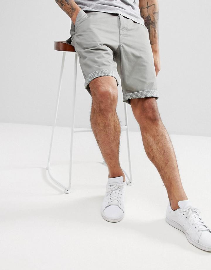 Threadbare Summer Peached Twill Geo Turn Up Shorts - Green