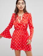 Ivyrevel Skater Dress With Fluted Sleeve In Polkadot Print-red