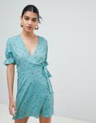 Fashion Union Wrap Dress With Frill Sleeves In Ditsy Floral - Green