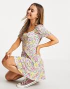 Asos Design Short Sleeve Mini Tea Dress With Lace Trim In Bright Floral-multi