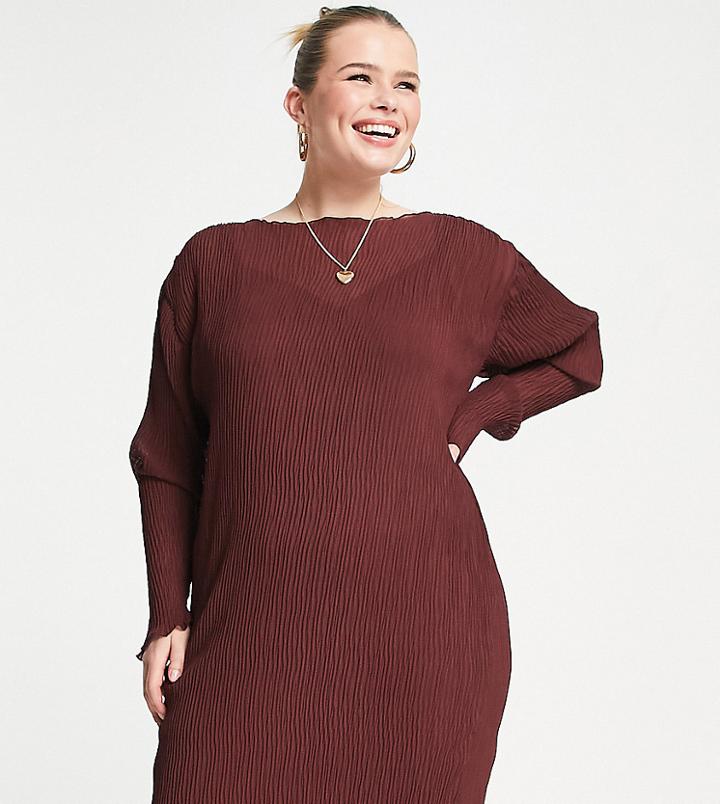 Asos Design Curve Plisse Mini Dress In Wine-red
